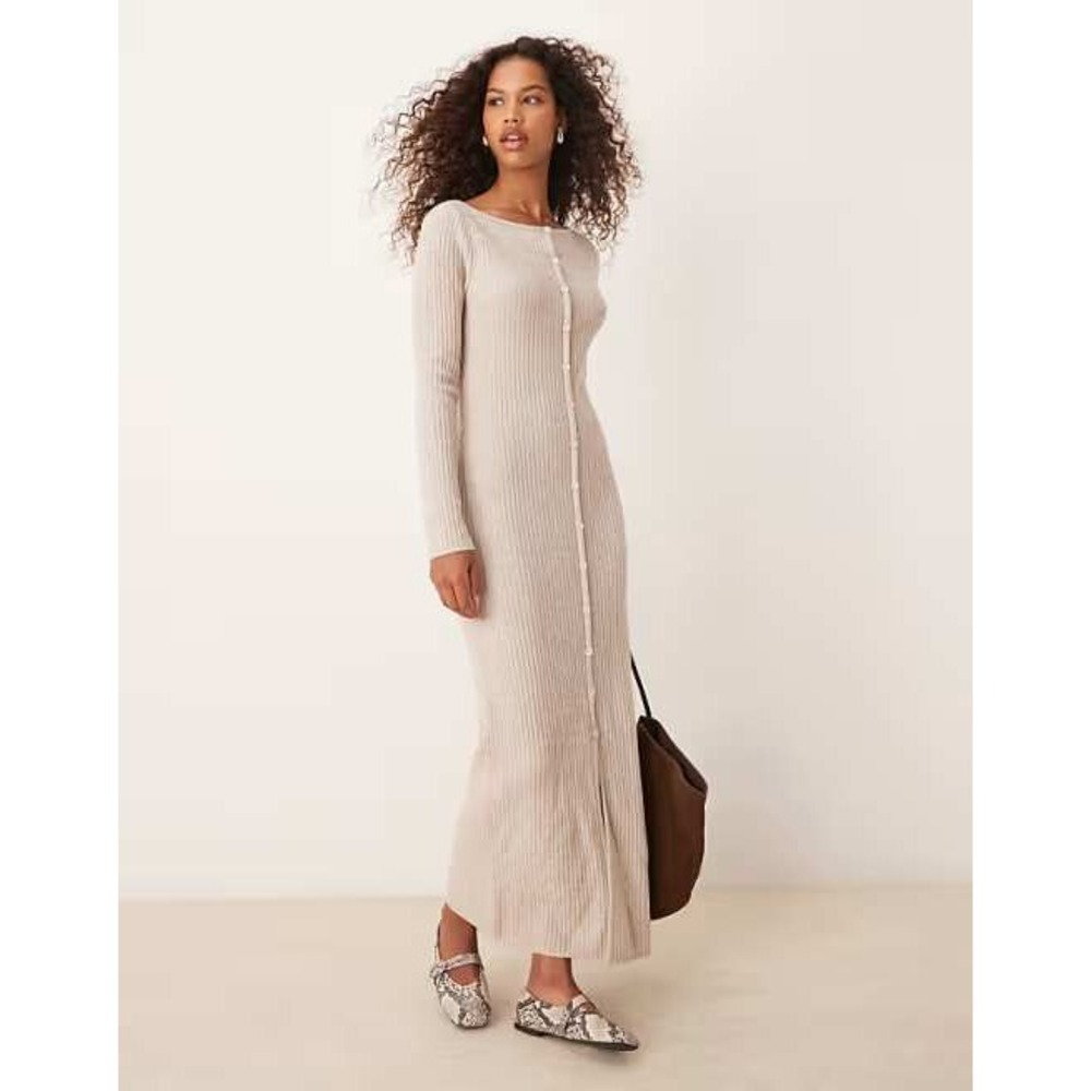 Abercrombie & Fitch Ribbed Button-Front Midi Dress in Light Beige